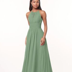 Azazie Green Ruched Halter Maxi Gown